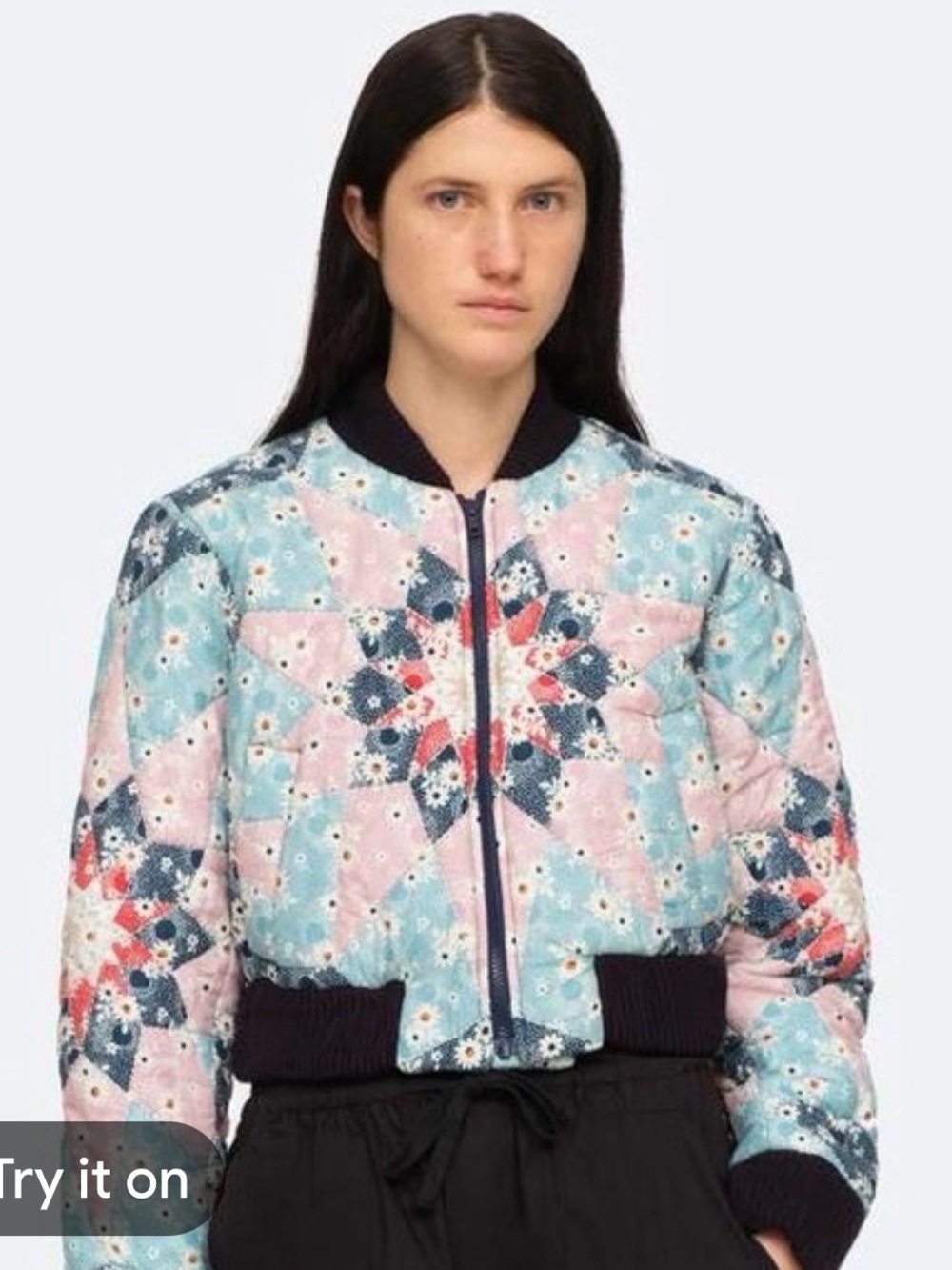 EEUC Sea New York Quilted Floral Bomber Jacket in Light Blue, Pink & Navy